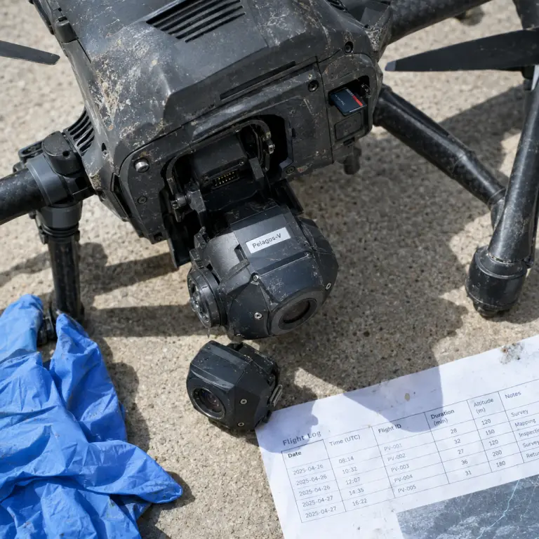 The Pelagos‑Vision module removed from a Helion drone, photographed at the firm’s technical yard.