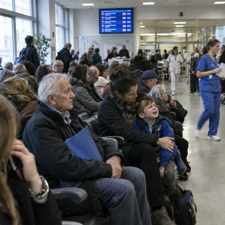 Patients wait in a crowded emergency department as staff juggle increasing demand.