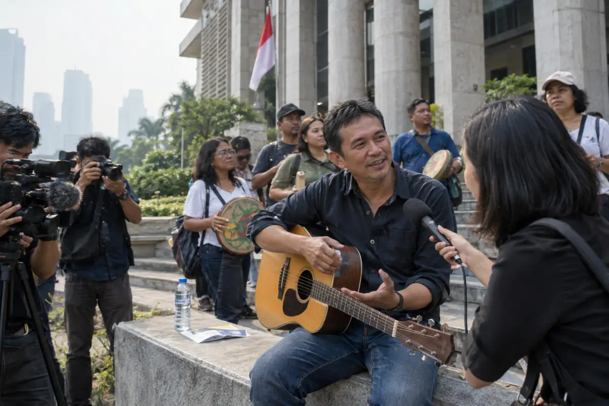 Macklin Moreau speaks to reporters on the steps of the Health Ministry in Jakarta after the public hearing, 21 September 2026.
