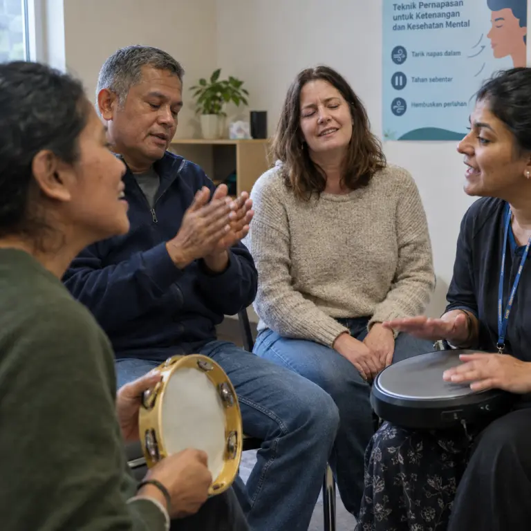 Patients and a therapist during a group rhythm session at a BeatClinic, Jakarta suburbs.