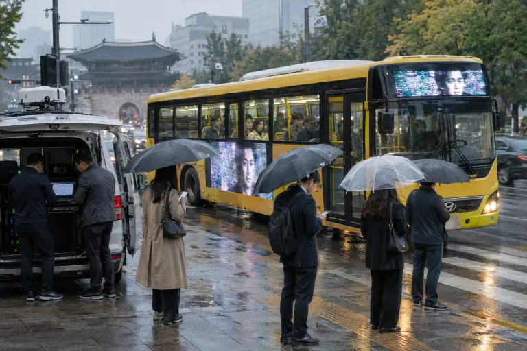 A BlueRoute bus halted in central Seoul after digital ad screens displayed the mysterious 'phantom face', 22 September 2026.