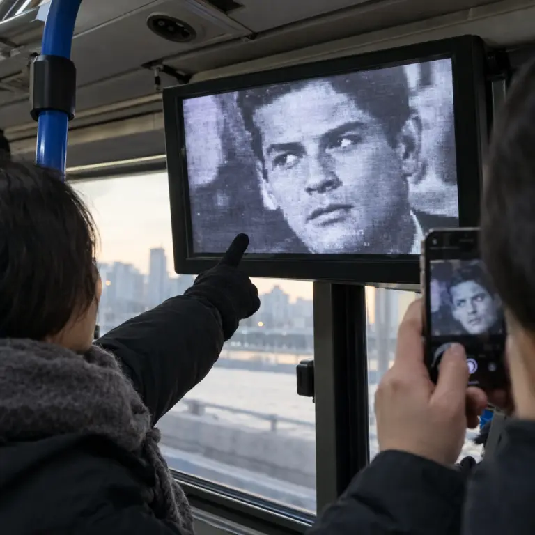 A commuter films the face that triggered the FaceCast lockout on bus screens.