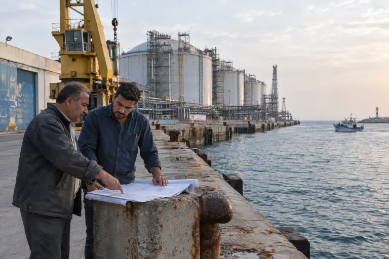 Damietta LNG site where expansion work has begun; workers discuss plans beside storage tanks, Damietta, 22 September 2026.