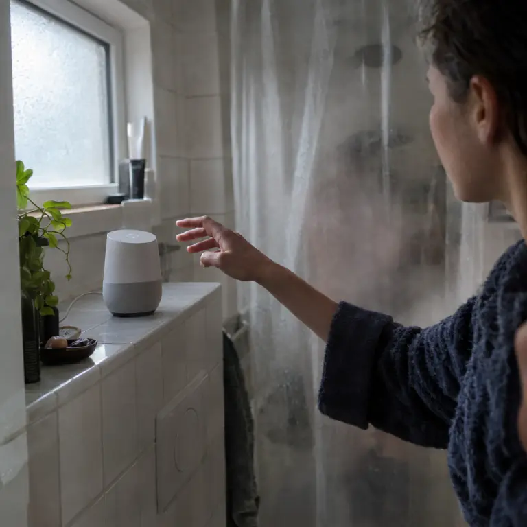 A consumer voice assistant in a Delfshaven bathroom, the device that investigators say issued the ping. — Rotterdam apartment