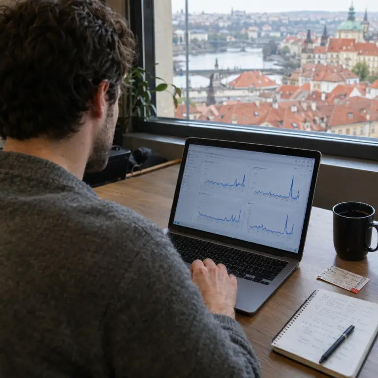 An analyst reviews click-through spikes for Vltava Nights in a Prague data firm.