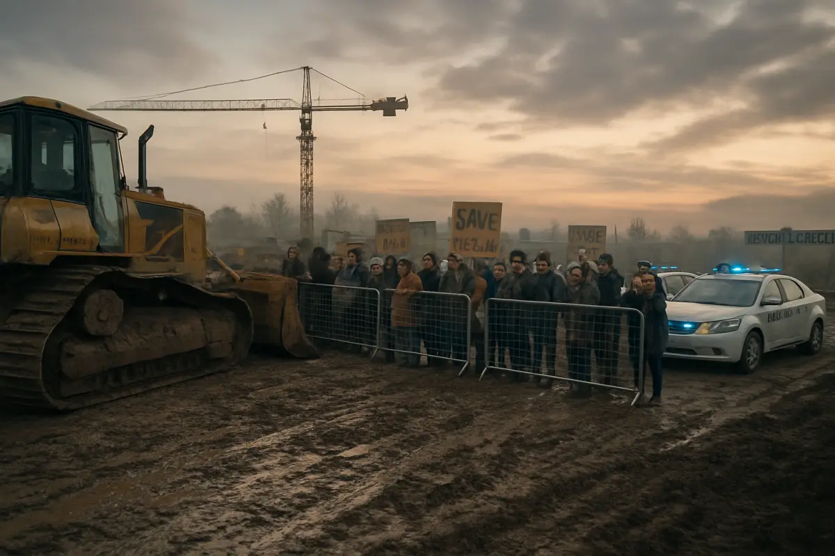 Protesters and halted equipment at the Cedar Lake construction site, Pinevale County, Sept. 20, 2026.
