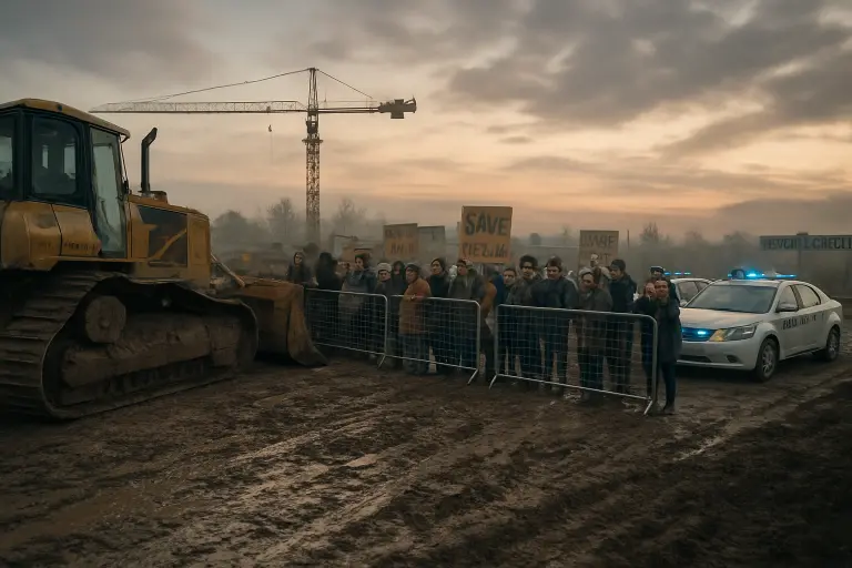 Protesters and halted equipment at the Cedar Lake construction site, Pinevale County, Sept. 20, 2026.