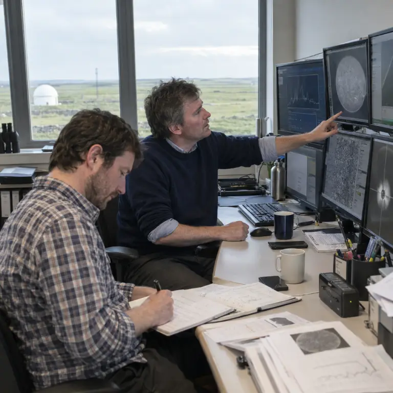 Scientists at Ardnua Observatory cross‑check particle and magnetometer data in County Clare.