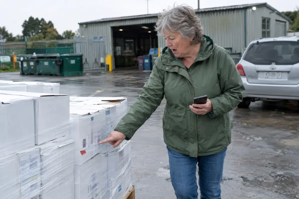 Charity Hackett beside discarded hospital supply boxes in west Auckland, 14 September — the photos she posted triggered the national review.