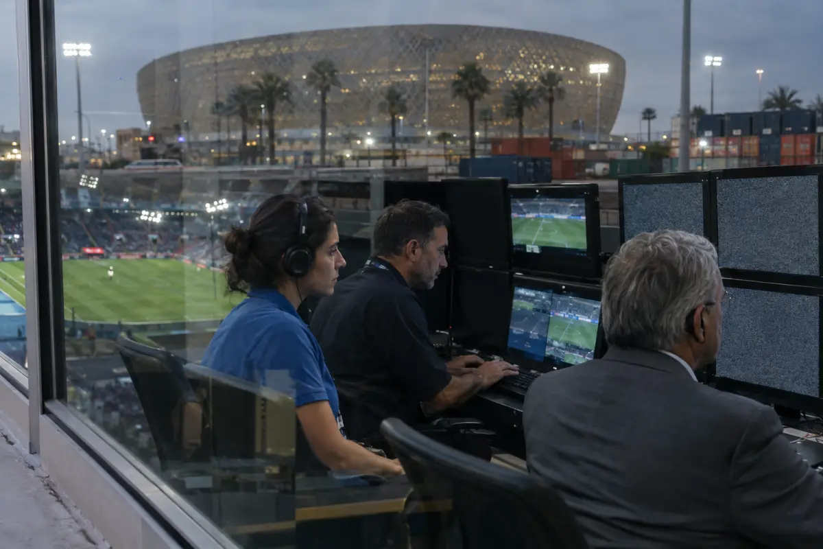 VAR room at Lusail Stadium after Saturday's disruptions; technicians stare at blank and static-filled feeds, Doha.