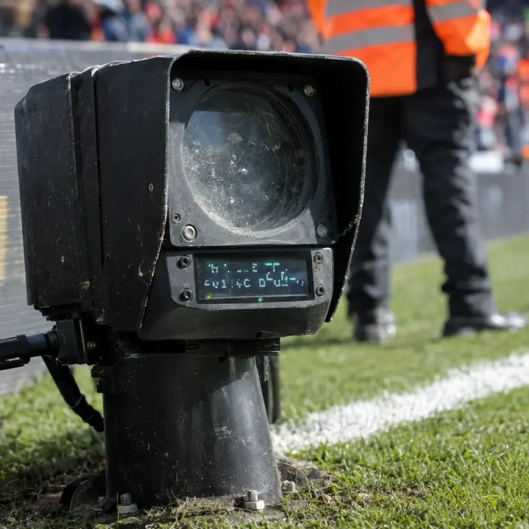 A goal-line camera on the pitchside showing garbled output after the interference, Lusail Stadium.