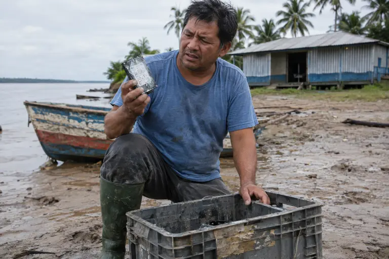 The crate and one of the recovered hard drives at the Manaus riverbank where the cache was found on 10 September; the finder, a local river worker, shows a water‑damaged drive, Manaus.