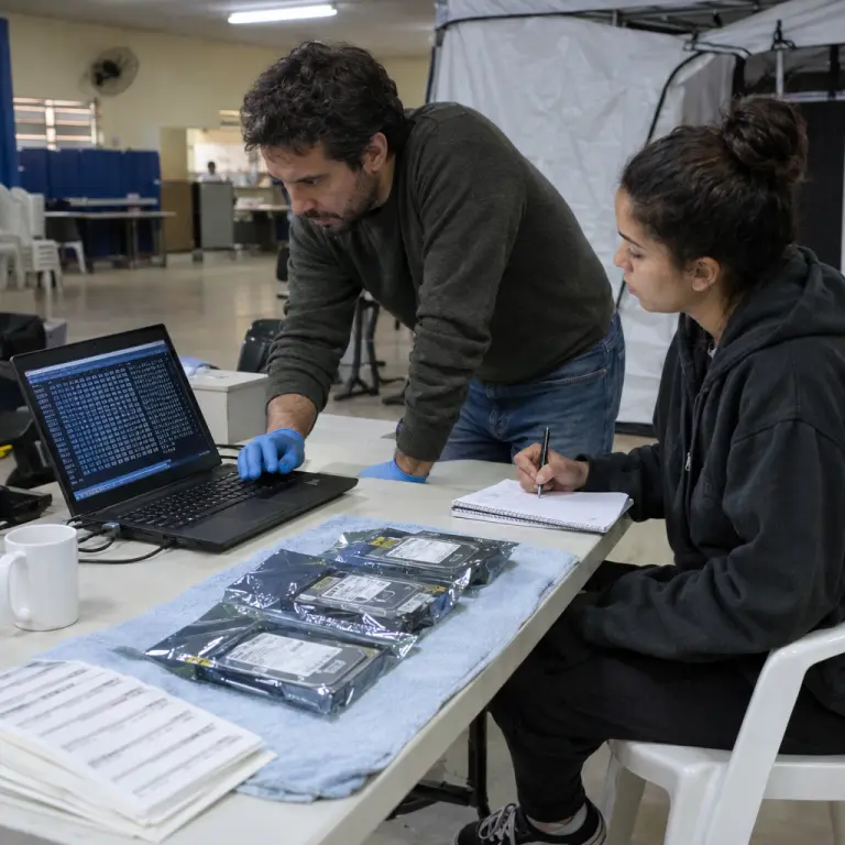 Volunteers and a laptop examine copies of the drives before delivery to a university lab, Manaus community hall.