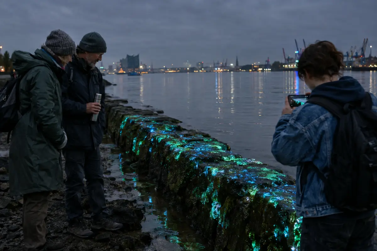Bioluminescent moss on an Elbe embankment, Hamburg, 21 September — residents and visitors watch the glow spread along a riverbank.