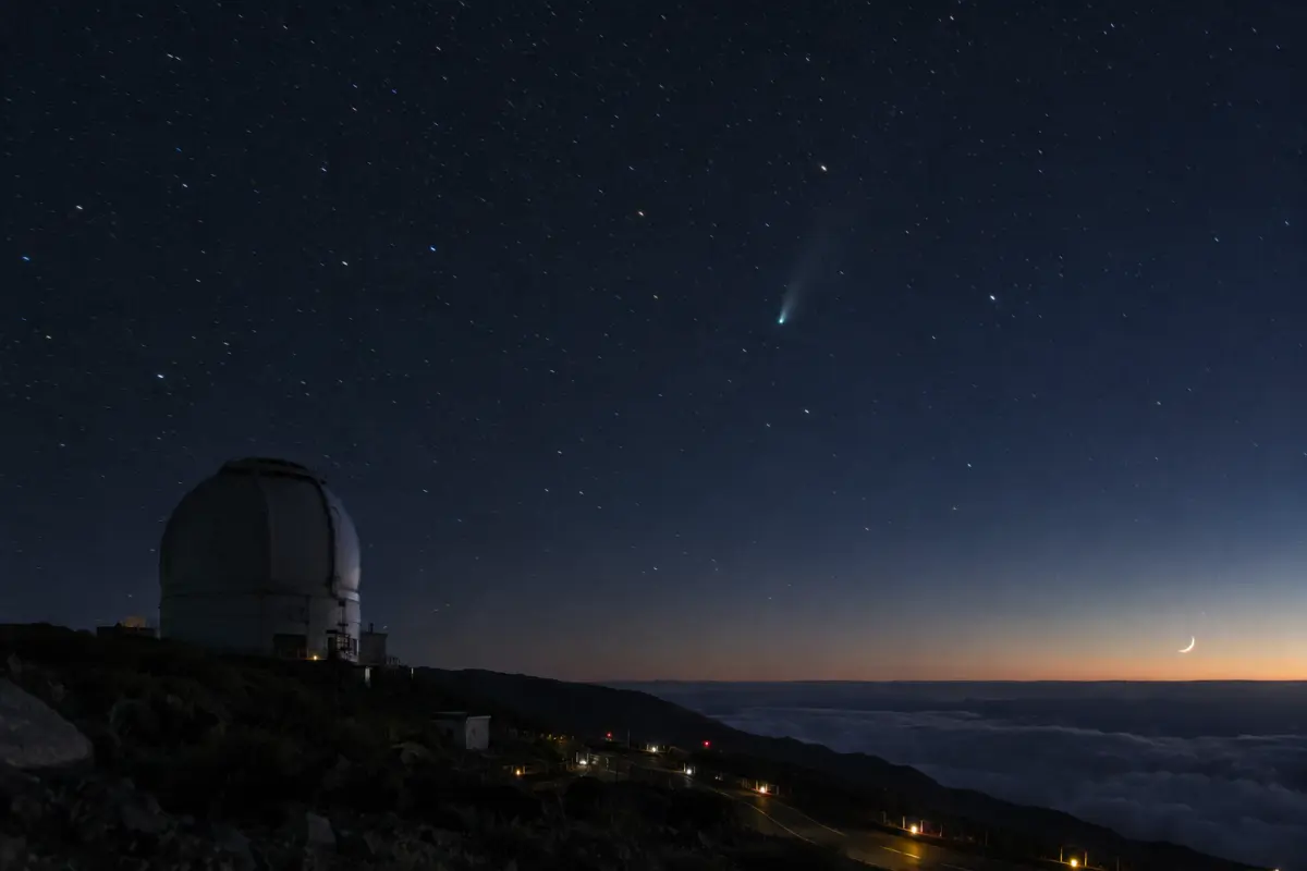 Comet 2026 QY8 captured by the Cumbre de la Niebla Survey Array, La Palma, 21 September 2026; the condensed nucleus and short dust tail are visible as astronomers refined the object's orbit.