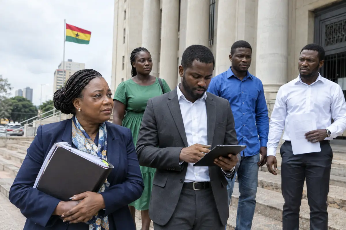 Lawyers and activists outside the Ministry of Justice, Accra, after the filing of the GHS65.5bn suit against Aperture Intelligence.
