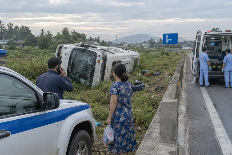 Overturned coach on National Route 1 near Tam Kỳ, Quảng Nam, after an early‑morning crash; paramedics and onlookers at the scene, 22 September 2026.