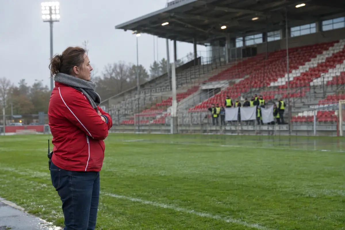 Martina Lang-Petříková on the pitch at Nordlicht Stadion, Bremen, where staff pickets halted a 2. Bundesliga match on 20 September.