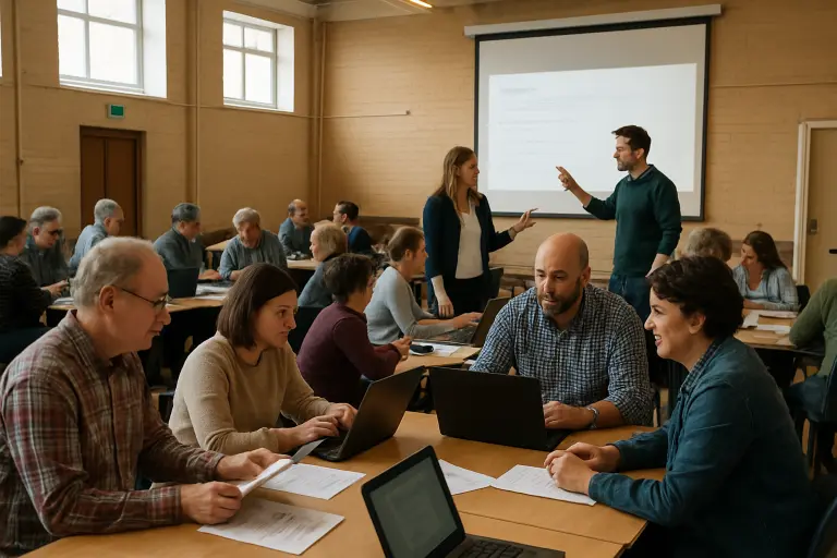 Participants at the Riverton Community Centre skills fair take part in a hands‑on workshop led by local tech cooperative Aurora Logic.