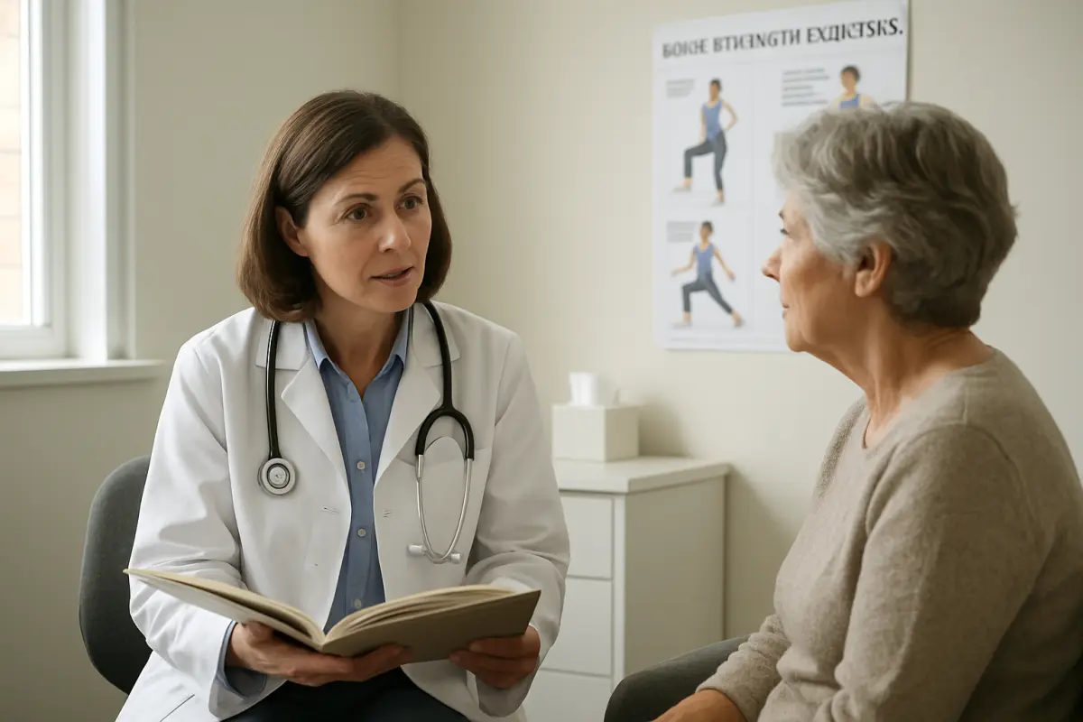 Dr. Marjorie Havel discusses a revised bone-health plan with a patient at Eastbridge Geriatric Centre.