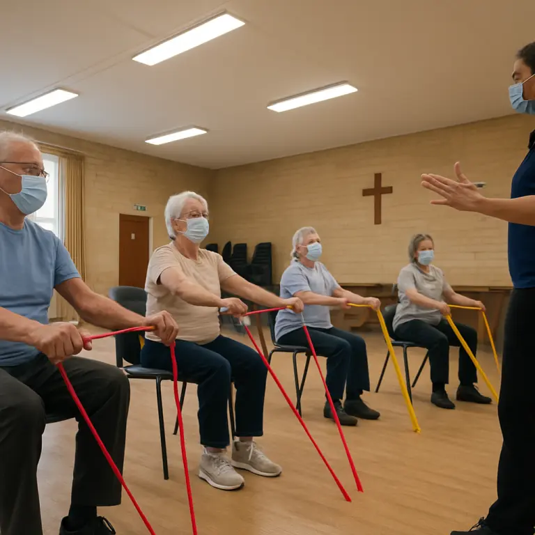 A weekly resistance-training session the clinic now subsidises to reduce fall risk (Eastbridge community hall).