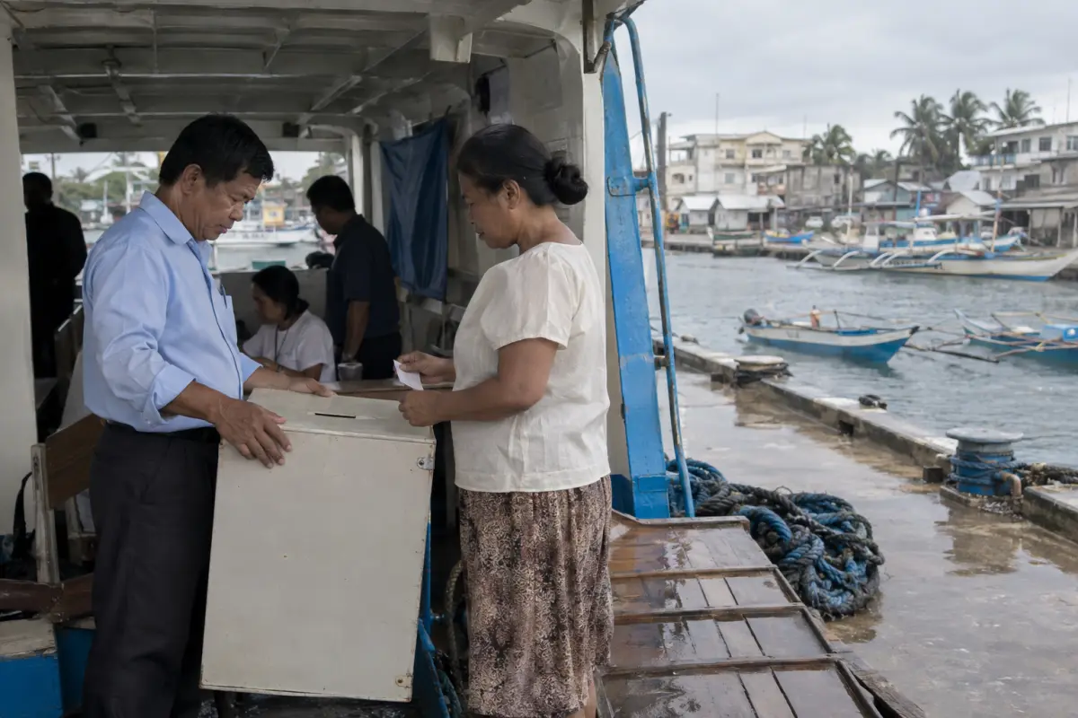 A voter casts a ballot aboard a ferry in Guiuan, Eastern Samar, on 22 September after Typhoon Neria damaged the municipality’s usual polling places.