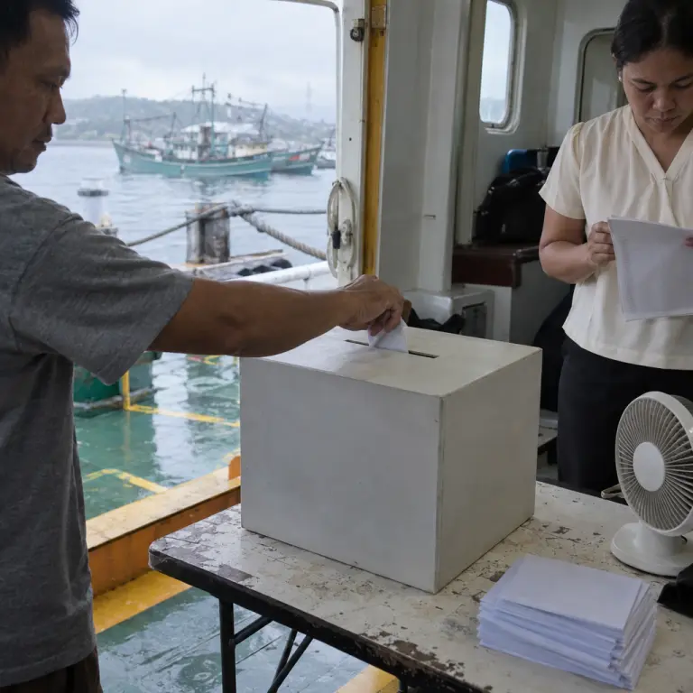 A voter drops a ballot into a temporary polling station aboard a ferry in Guiuan, Eastern Samar.
