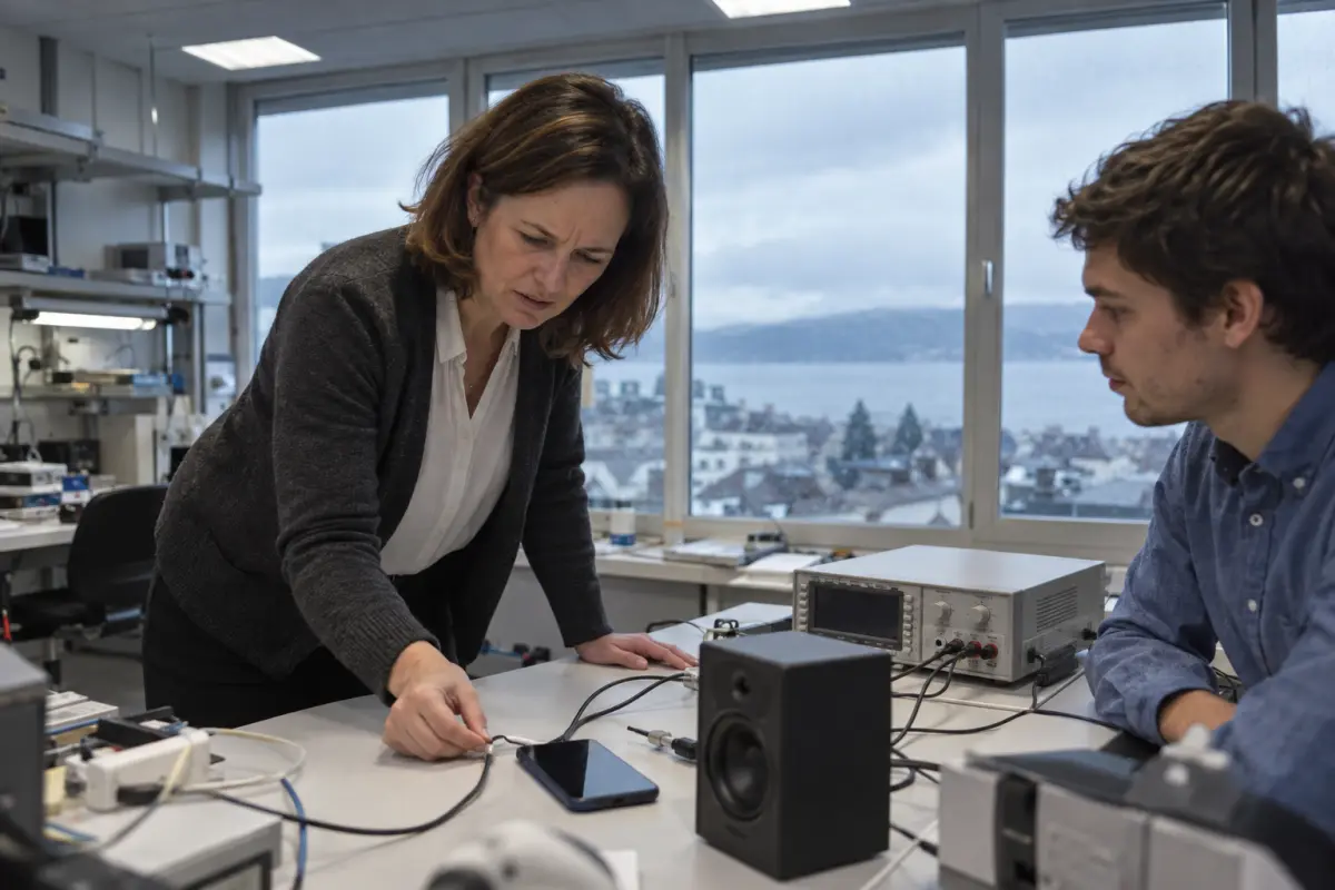A prototype handset runs a speech-translation test at the Neuchâtel Signal Bench, where it lasted more than 22 hours on one charge.
