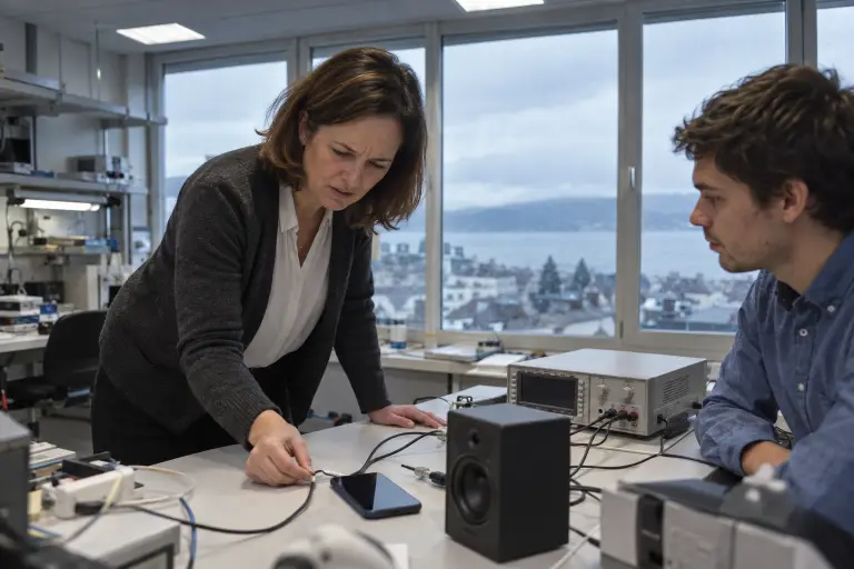A prototype handset runs a speech-translation test at the Neuchâtel Signal Bench, where it lasted more than 22 hours on one charge.
