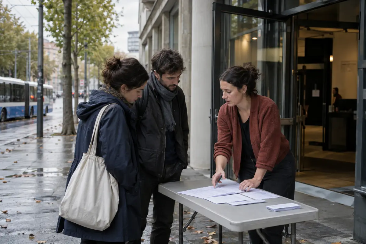 Performers discuss audition appointments with a volunteer outside Maison des Arches in Lausanne, where a community campaign brought the theatre’s booking register to light.