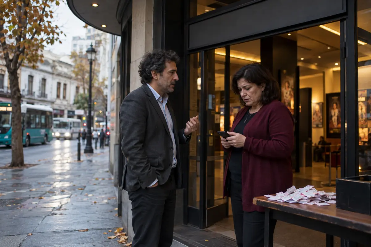 A distributor discusses postponed screenings with a cinema manager in Santiago’s Lastarria district after a new film-clearance portal was suspended.