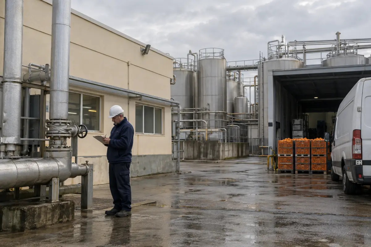 A worker checks equipment outside a citrus-extraction plant near Setúbal, where an outage has tightened Portugal’s limonene supply.