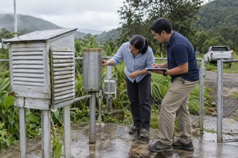 A rain gauge in Mae Chaem district, Chiang Mai province, one of the kinds of stations whose readings researchers say vanished from Thailand’s public rainfall archive.