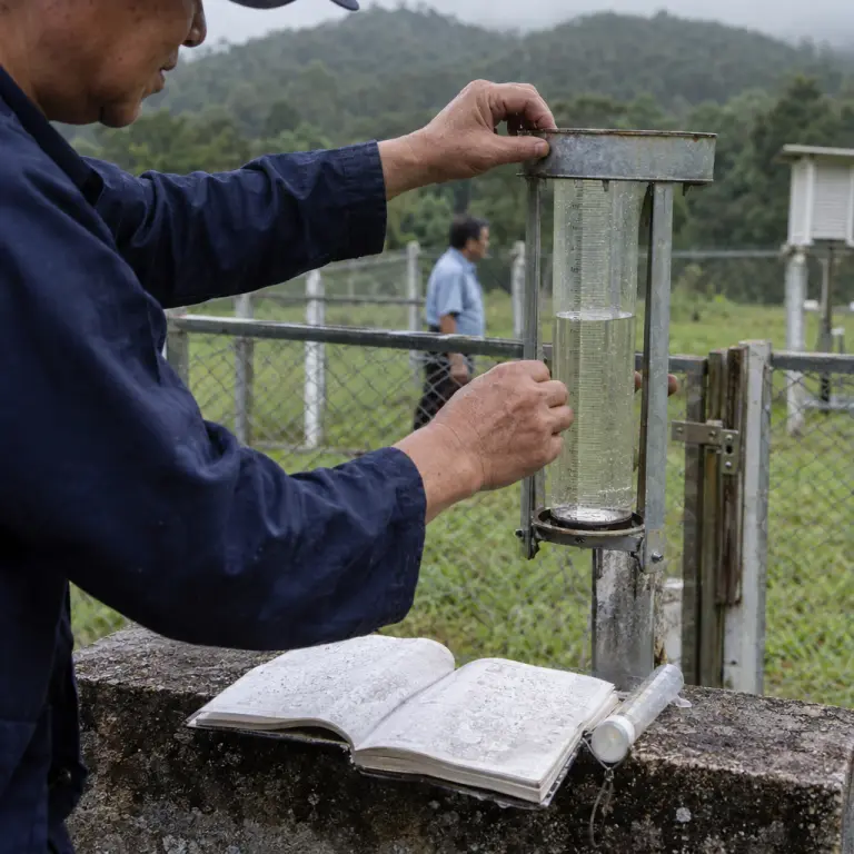 A researcher checks a rain gauge at a provincial monitoring site in northern Thailand.