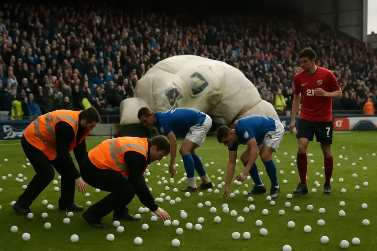 Fans and stewards gather foam balls on the pitch after a promotional inflatable deflated at Mariner Park, Seabury.