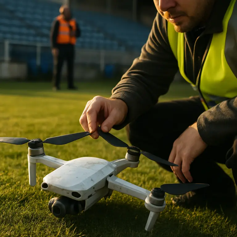 A SkyDrop Logistics technician inspects the drone involved in the halftime incident at Mariner Park.