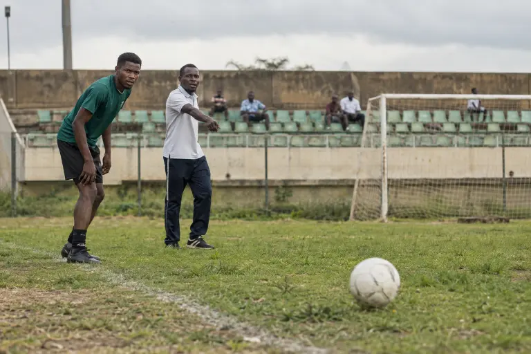 A ball rolls toward the east goal at Akinyele Ground in Ibadan, where an apparent uphill run interrupted Oyo Lanterns FC members’ vote on a proposed stadium lease.