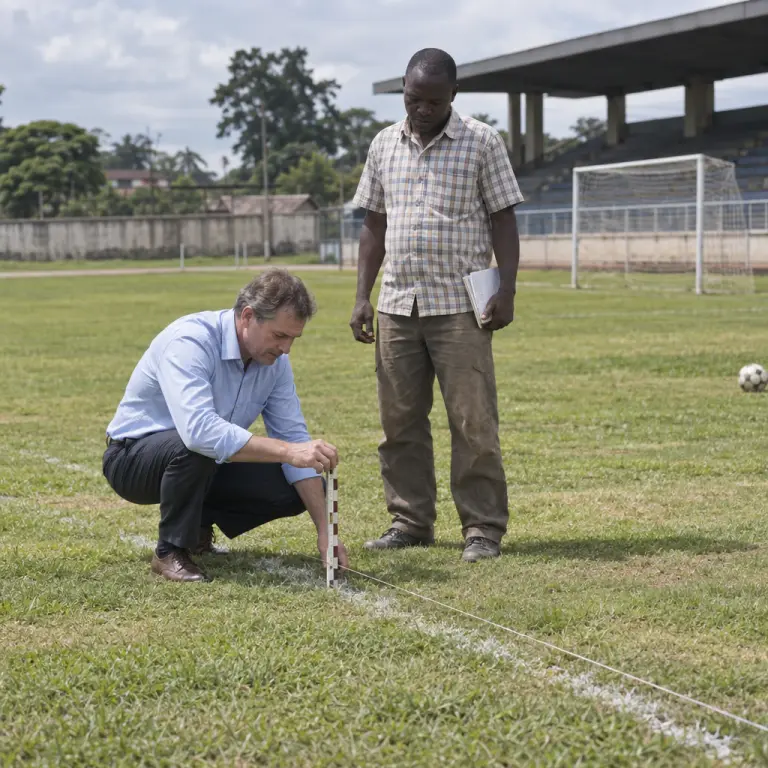 A survey team marks the playing surface at Akinyele Ground after testing the apparent uphill roll.