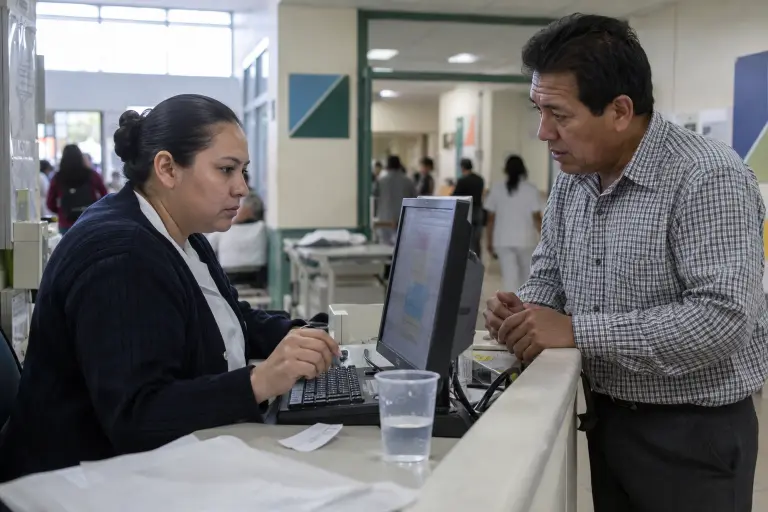 A nurse reviews an electronic triage recommendation at a public hospital emergency intake desk in Iztapalapa, Mexico City.