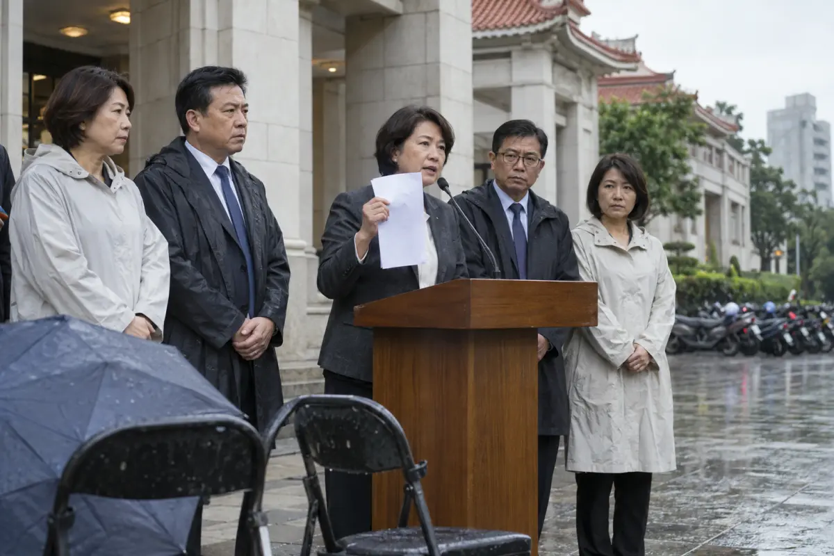 Taiwanese local government leaders announce a cross-party emergency-alert pact outside Taipei’s Civic Affairs Hall on Thursday.