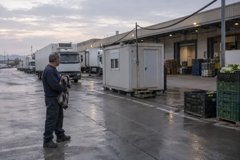A portable cabin and refrigerated lorries at the Vega Turia Produce Terminal near Valencia, where a power failure interrupted cooling after an overnight freight yard was cleared.
