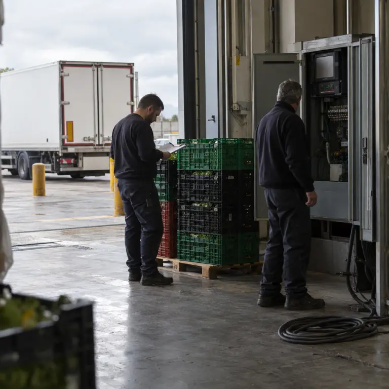 Workers check produce crates beside a cold-storage bay after a power interruption at the Valencia-area freight terminal.