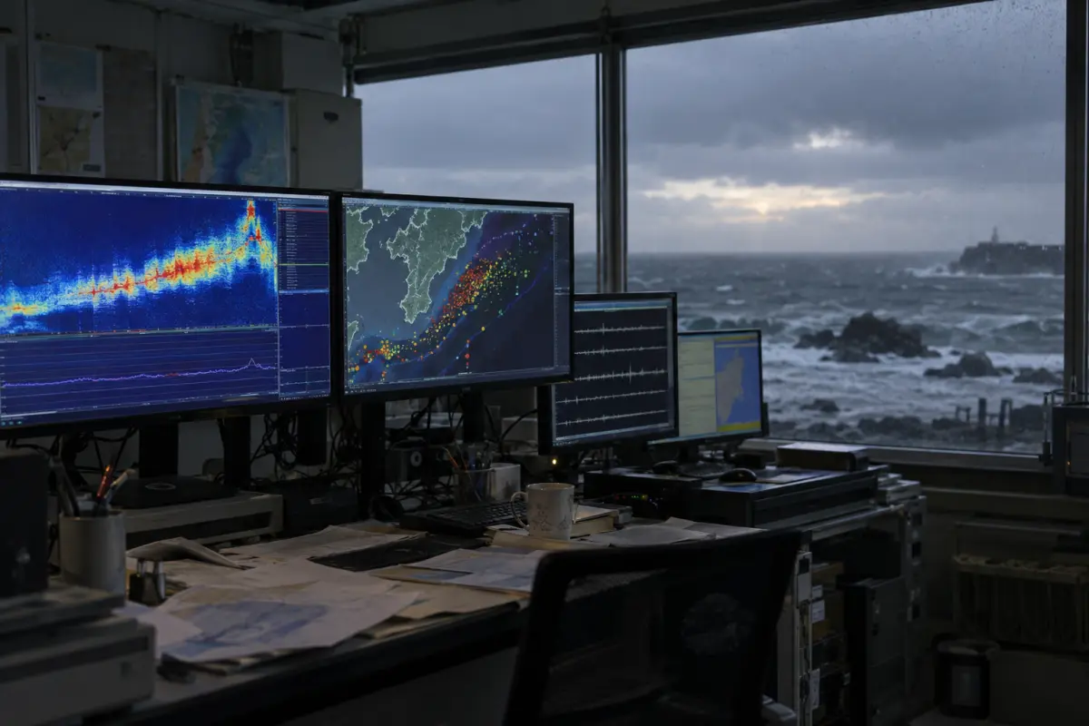 Seafloor monitoring displays at the Kii Margin Observatory Network in Shionomisaki show the slow-slip signal tracked along the Nankai fault.