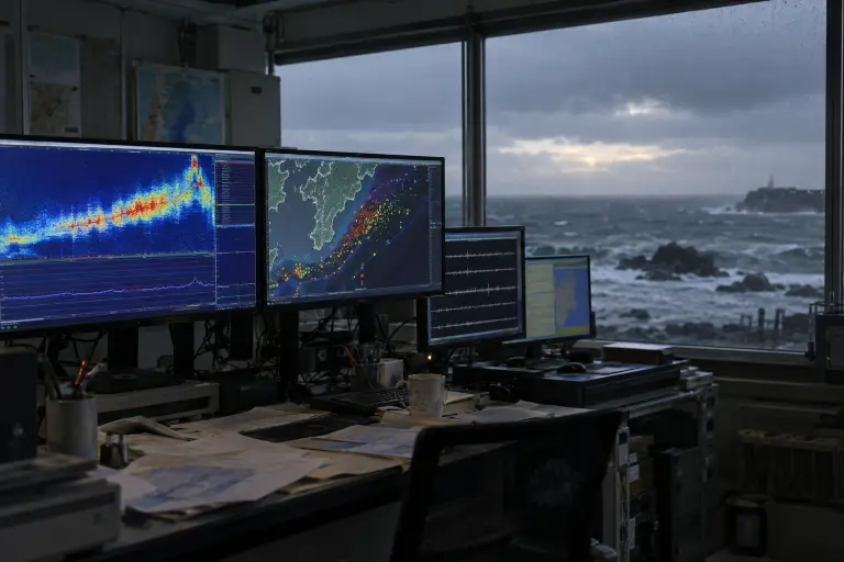 Seafloor monitoring displays at the Kii Margin Observatory Network in Shionomisaki show the slow-slip signal tracked along the Nankai fault.