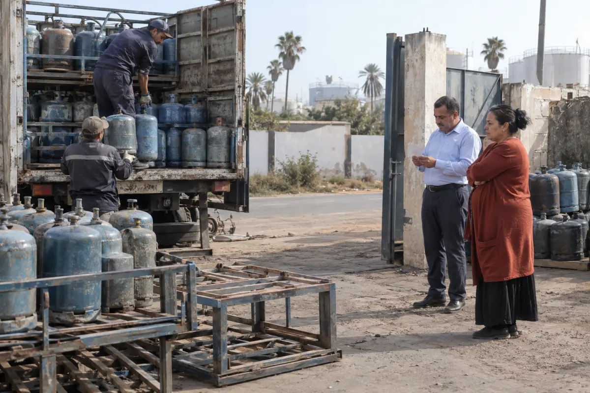Shopkeepers wait for a butane-cylinder delivery at a depot outside Mohammedia, where import delays have cut supplies.