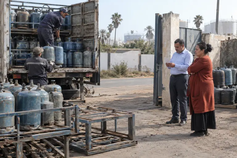 Shopkeepers wait for a butane-cylinder delivery at a depot outside Mohammedia, where import delays have cut supplies.