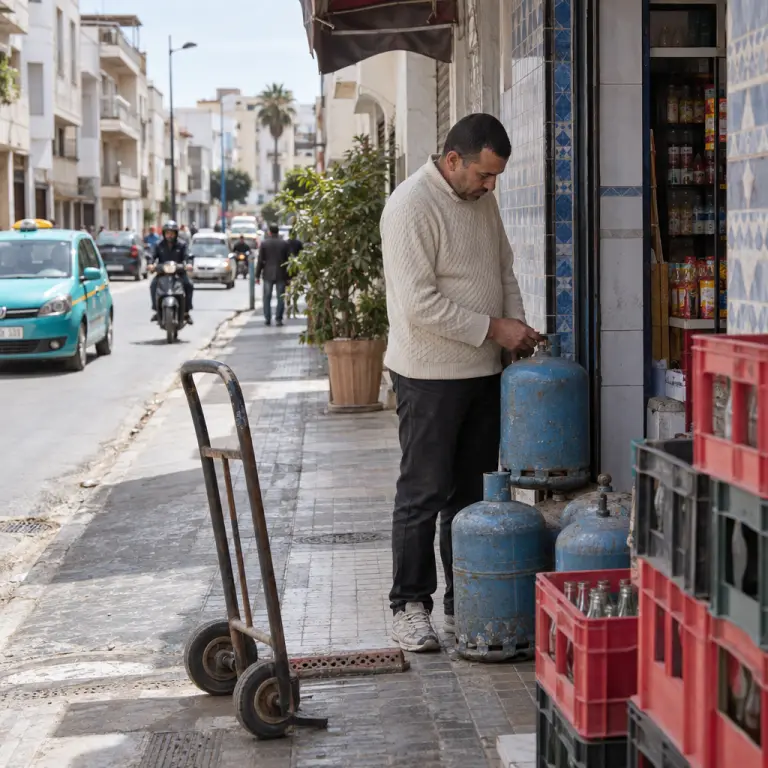 A shopkeeper counts the few butane cylinders left outside a grocery in Salé as deliveries fall short.