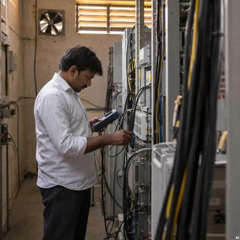A technician checks telecom equipment in Hyderabad after researchers found that control systems could report a tower as available even when its radio had stopped transmitting.