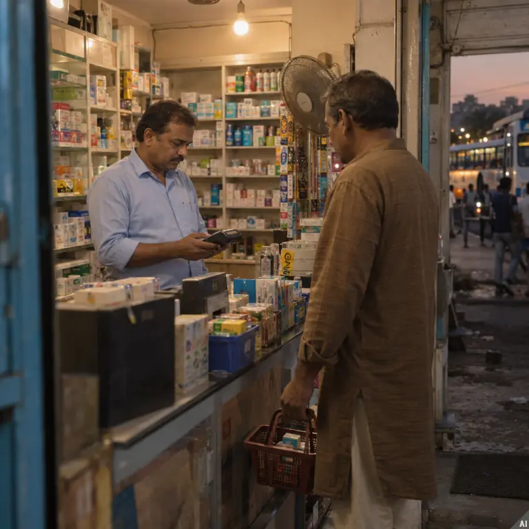 A pharmacy in Hyderabad, where intermittent mobile service disrupted card payments during the July heatwave.