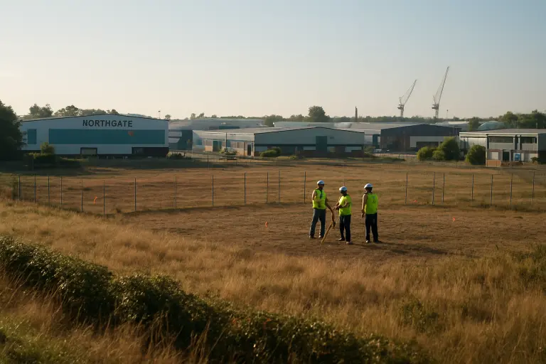 Survey team on the fenced Northgate site where the proposed data campus would be built. (Larchfield)